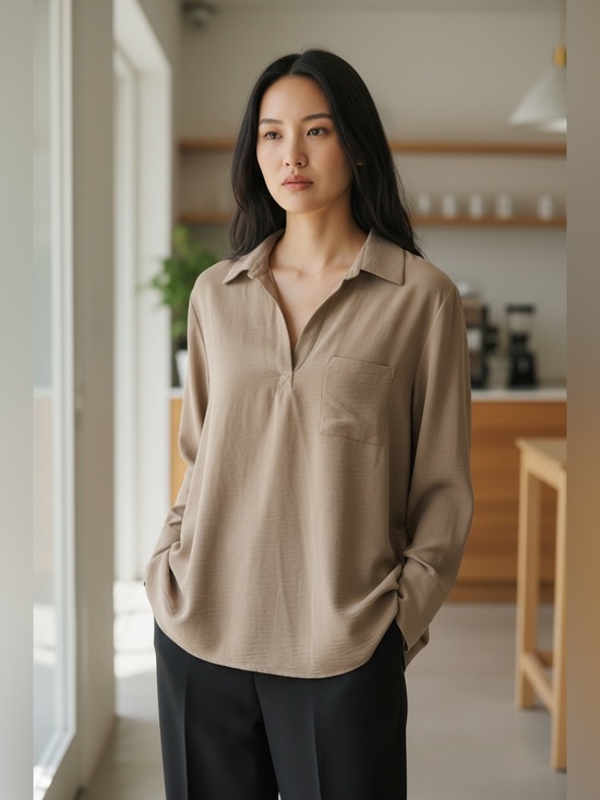 Pleione Tops - Pleione Taupe V-Neck Popover Blouse - Long Sleeve Tunic